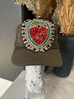 SellersMerch Olive Green Women's Cap with Red Sequin Heart Patch